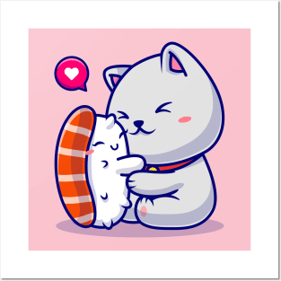 Cute Cat Love Sushi Cartoon Posters and Art